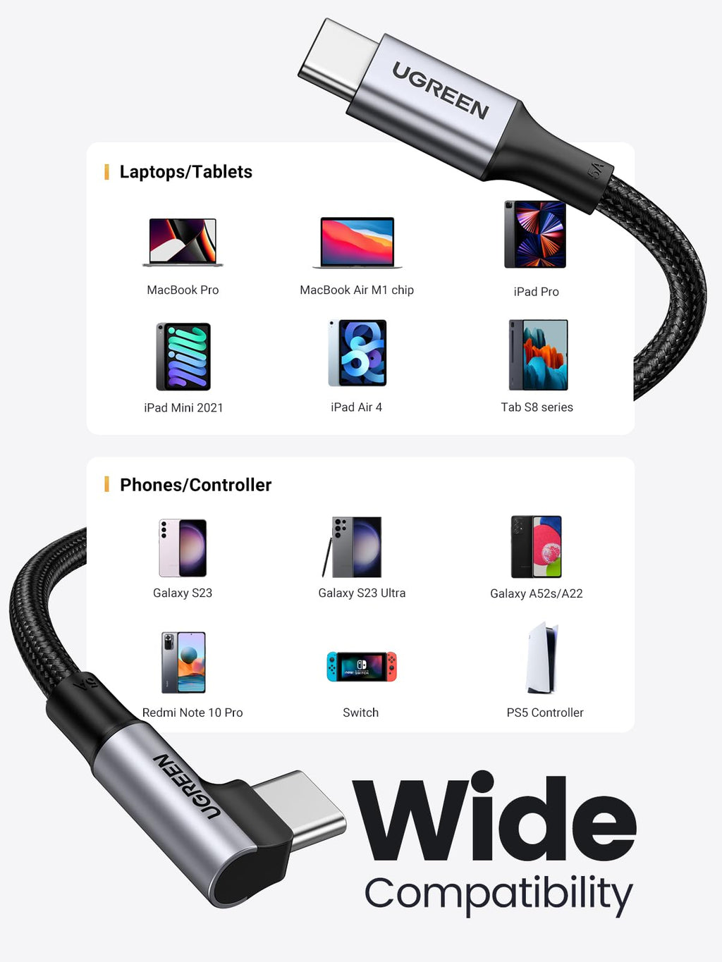 UGREEN 100W USB C Cable 90 Degree Type C Charging Cable 10FT