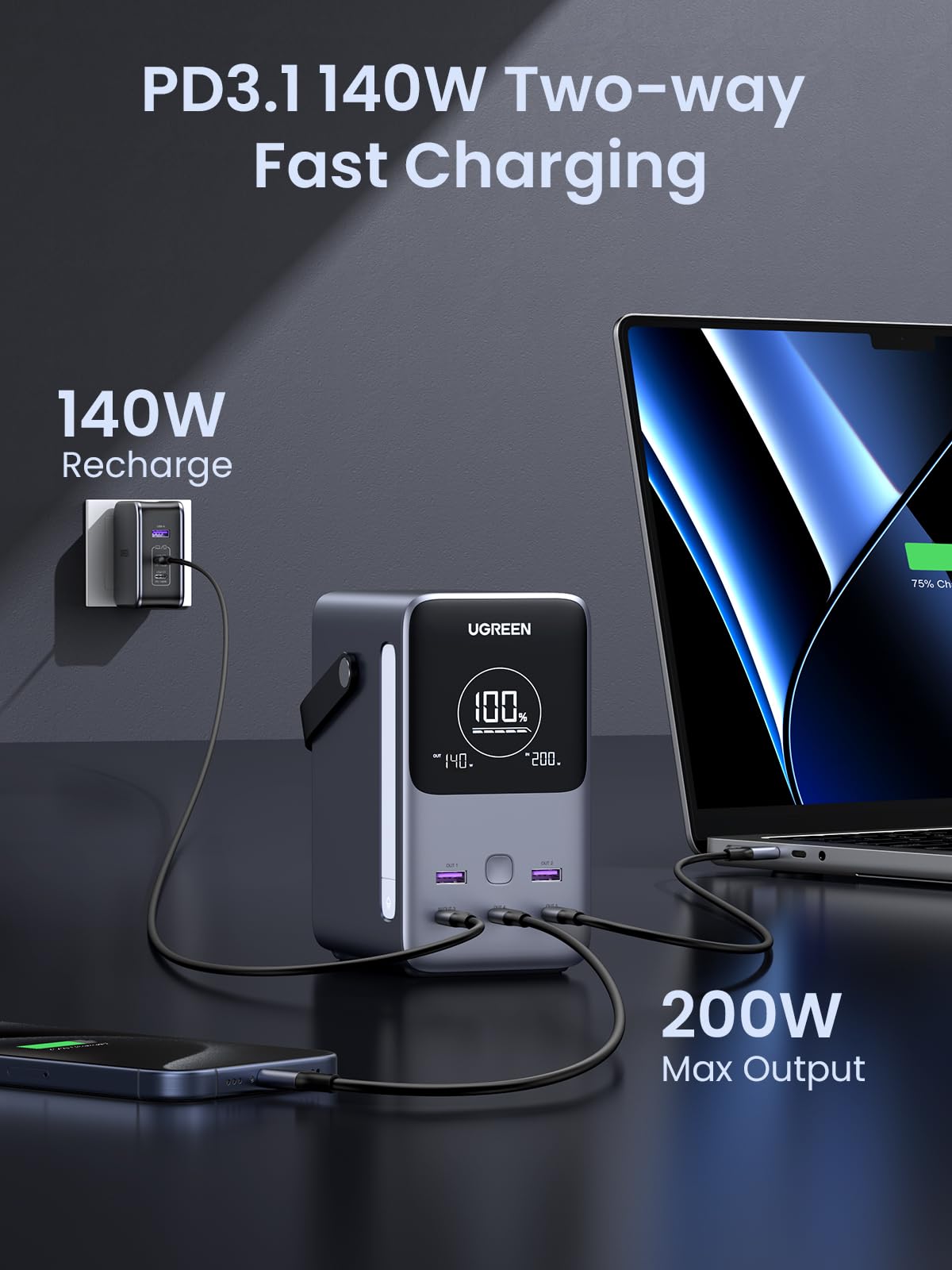 UGREEN Portable Power Station 48000mAh 300W with Smart Digital Display