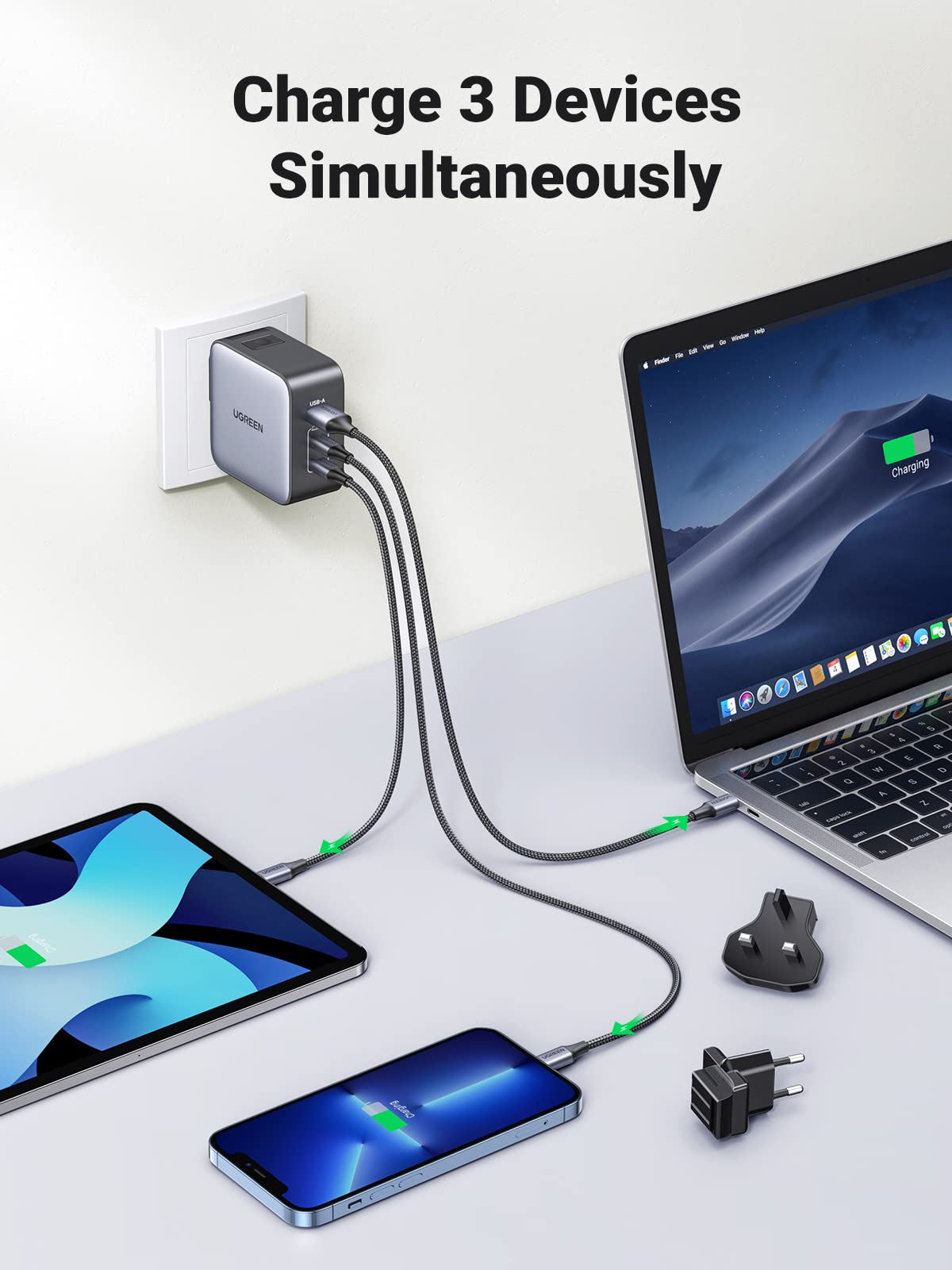UGREEN Nexode 65W 3-Port Travel Charger with US/UK/EU Plug