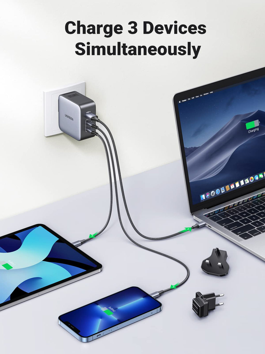 UGREEN Nexode 65W 3-Port Travel Charger with US/UK/EU Plug