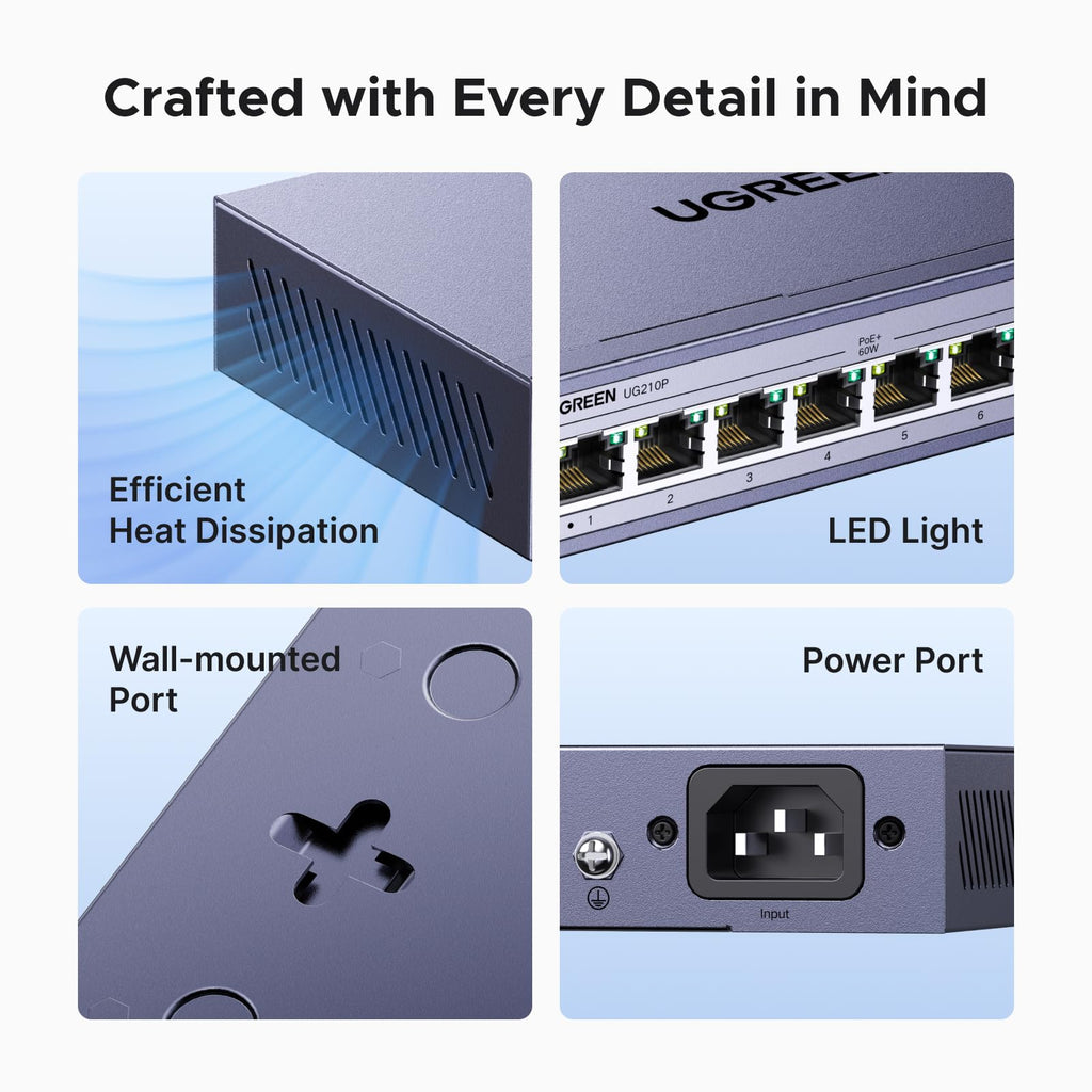 UGREEN Ethernet Switch, 10-Port PoE Switch, 8 PoE+@60W and 2 Gigabit Uplink, Plug & Play, Auto/VLAN/Extend Mode, Sturdy Metal, Desktop or Wall Mount Network Splitter Hub for Security Camera, IP Phone