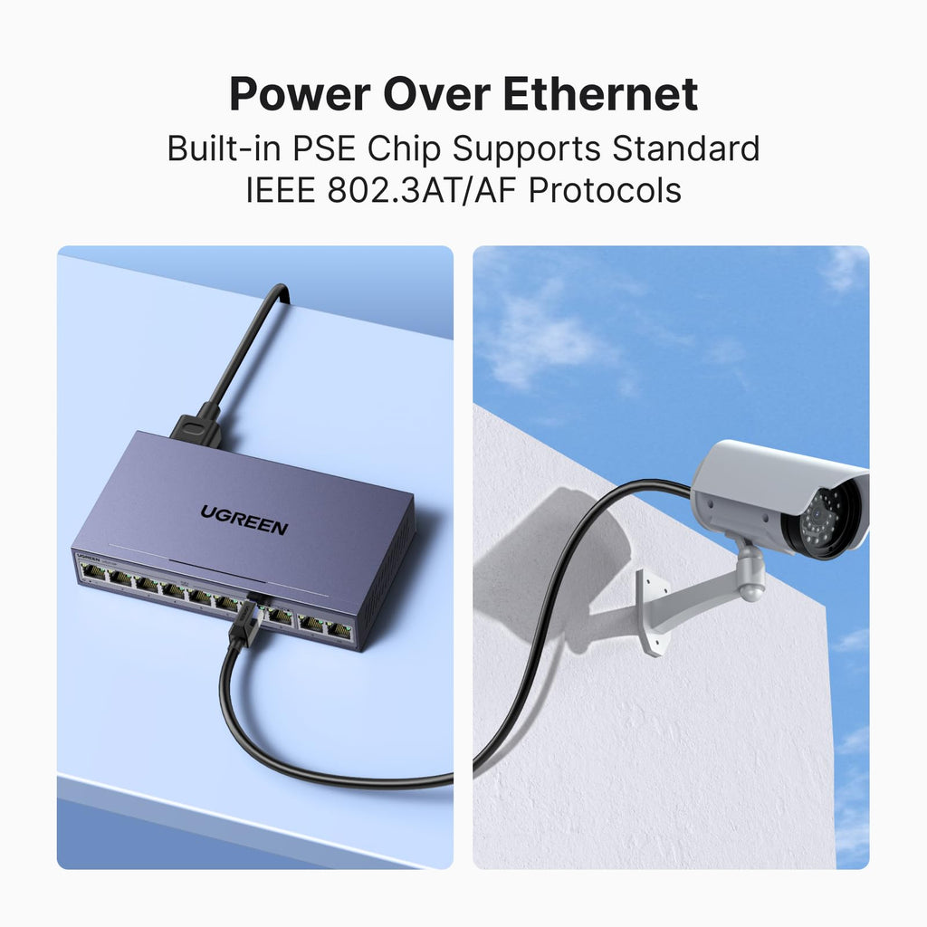 UGREEN Ethernet Switch, 10-Port PoE Switch, 8 PoE+@60W and 2 Gigabit Uplink, Plug & Play, Auto/VLAN/Extend Mode, Sturdy Metal, Desktop or Wall Mount Network Splitter Hub for Security Camera, IP Phone