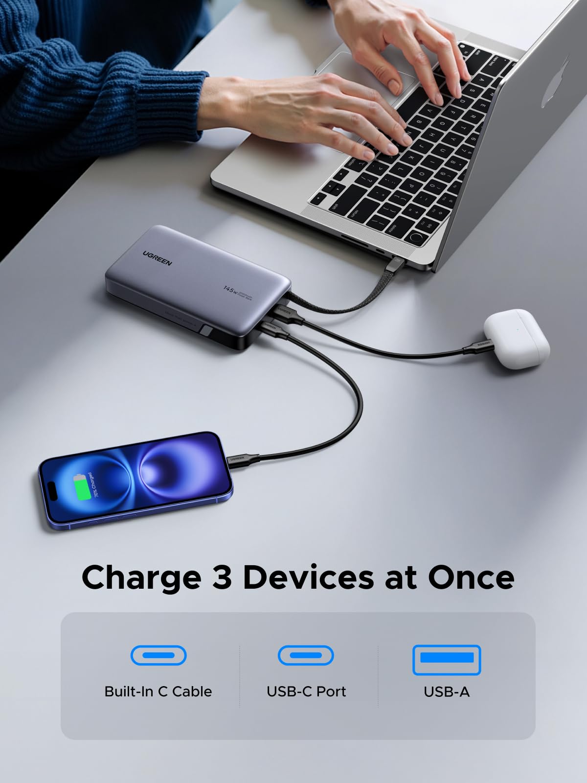 UGREEN Nexode Power Bank 20000mAh 145W with Built-in USB-C Cable