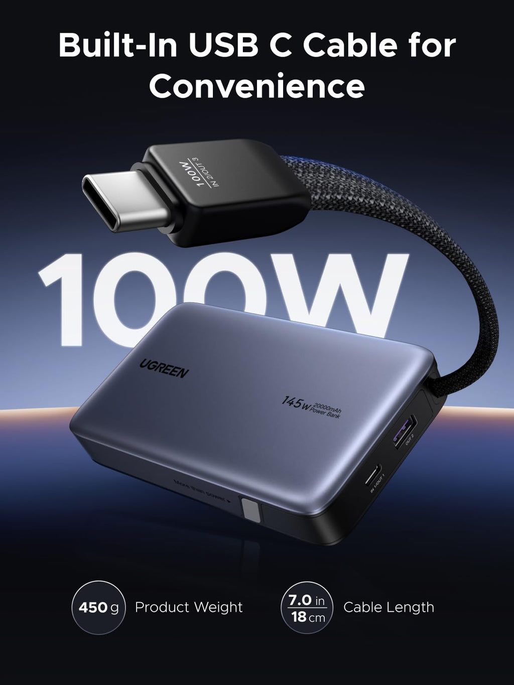 UGREEN Nexode Power Bank 20000mAh 145W with Built-in USB-C Cable