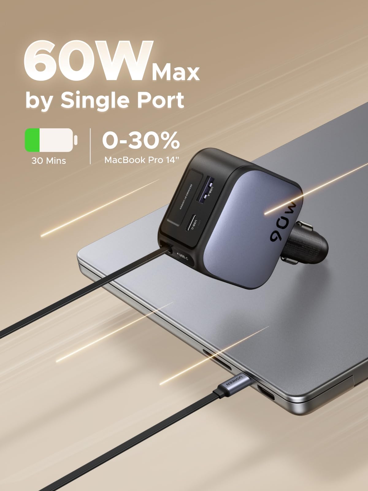UGREEN Nexode Car Charger 90W with Retractable USB-C Cable