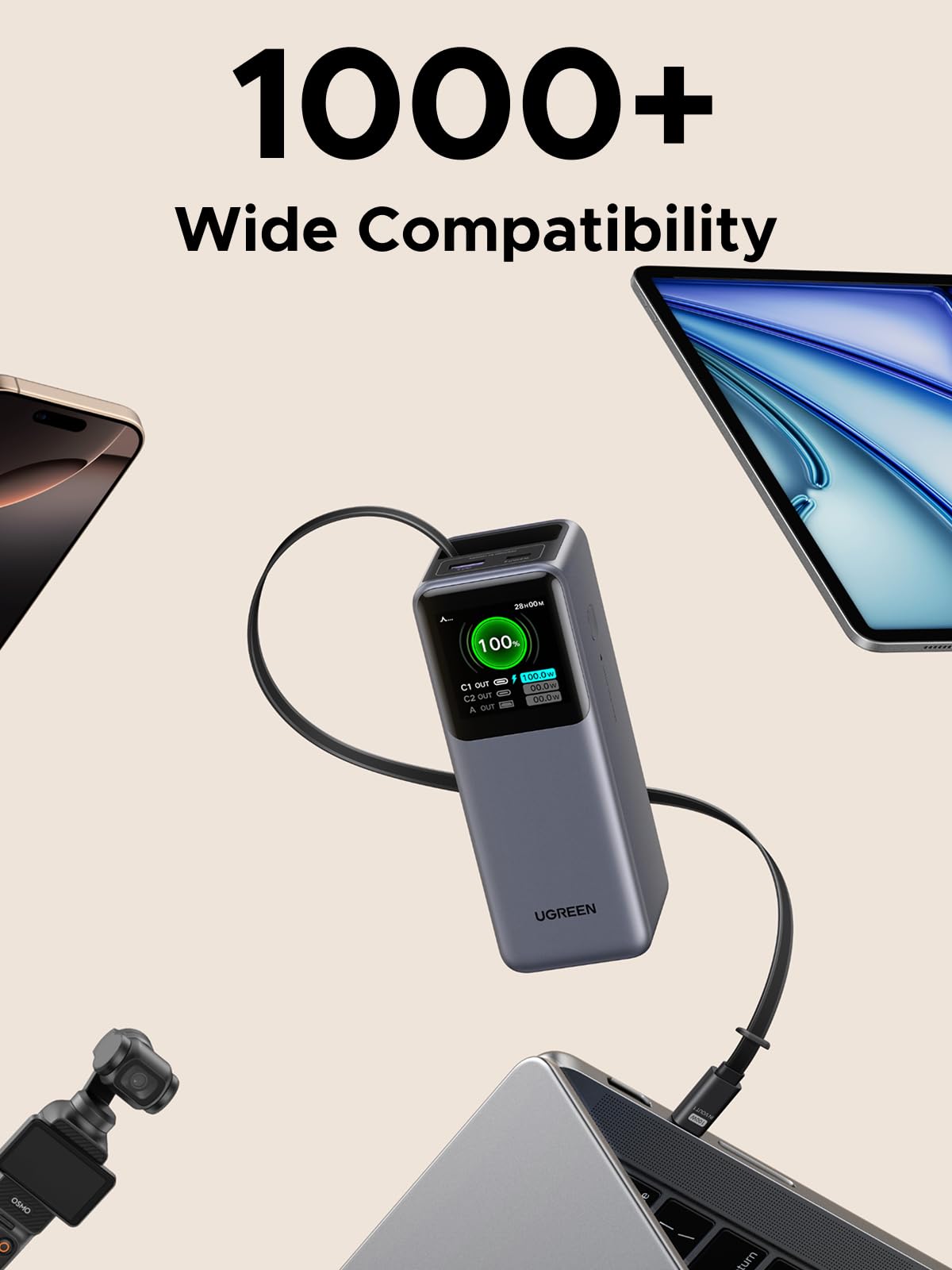 (Bundle) UGREEN Nexode 20000mAh 165W Power Bank + 100W Retractable USB-C Cable