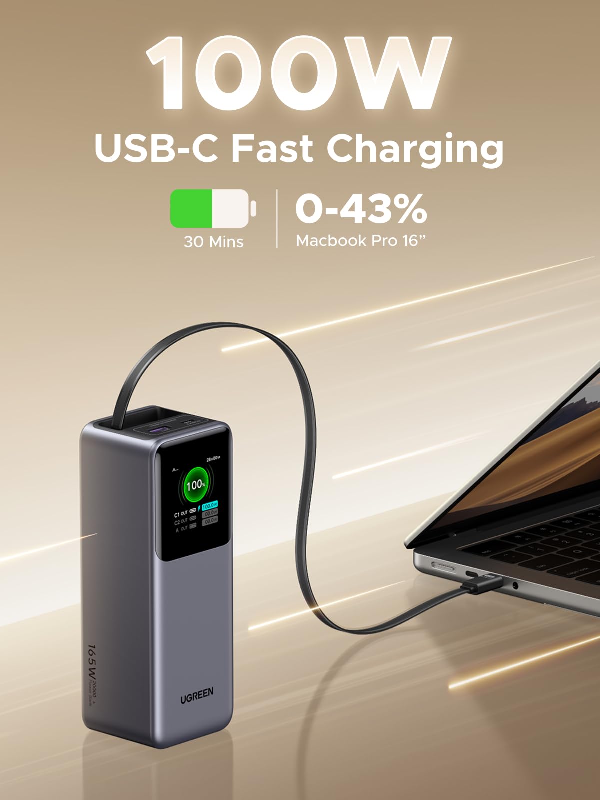 UGREEN Nexode Power Bank 20000mAh 165W with Retractable USB-C Cable