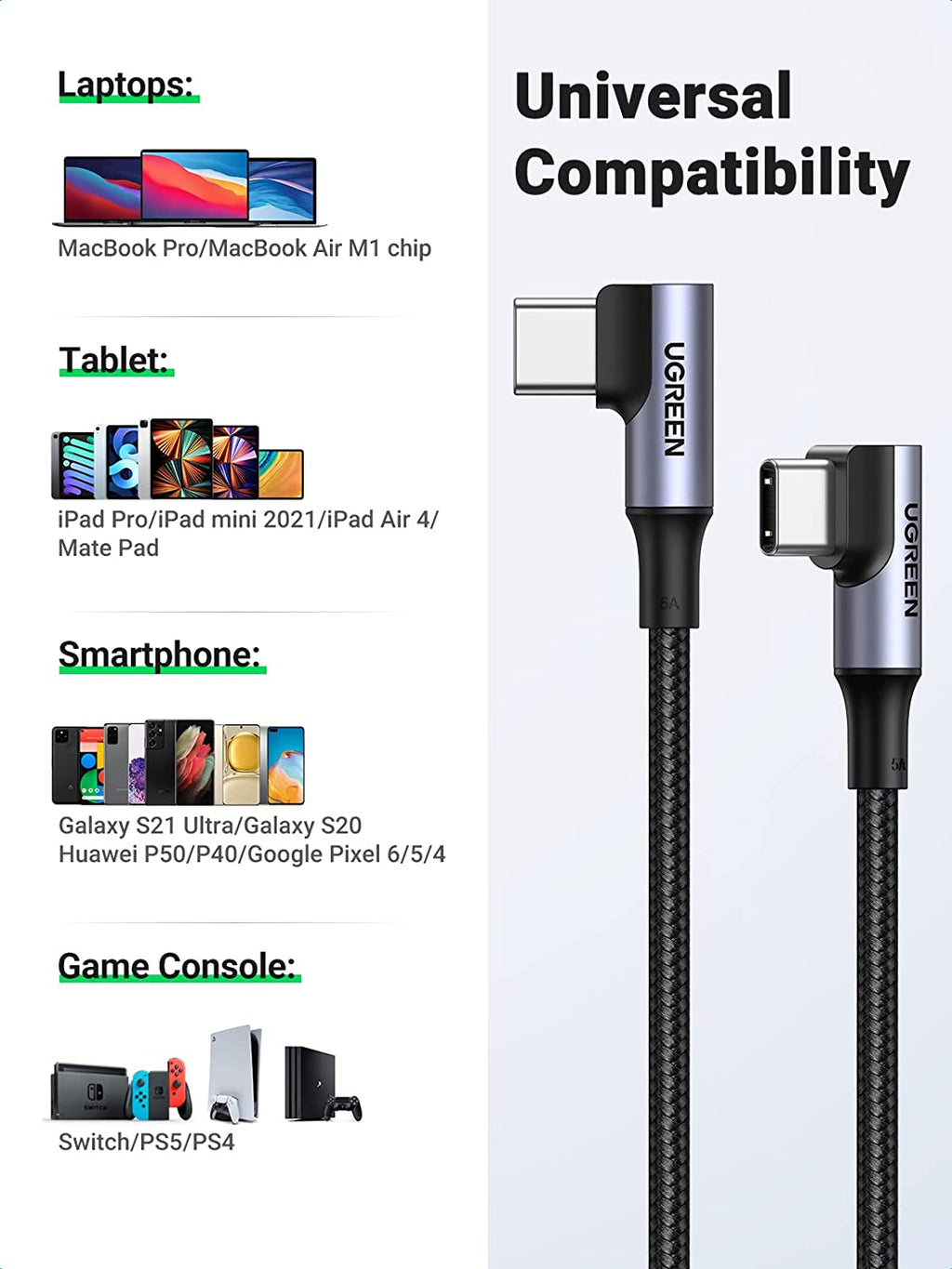 UGREEN USB-C Cable (100W, 90 Degree)