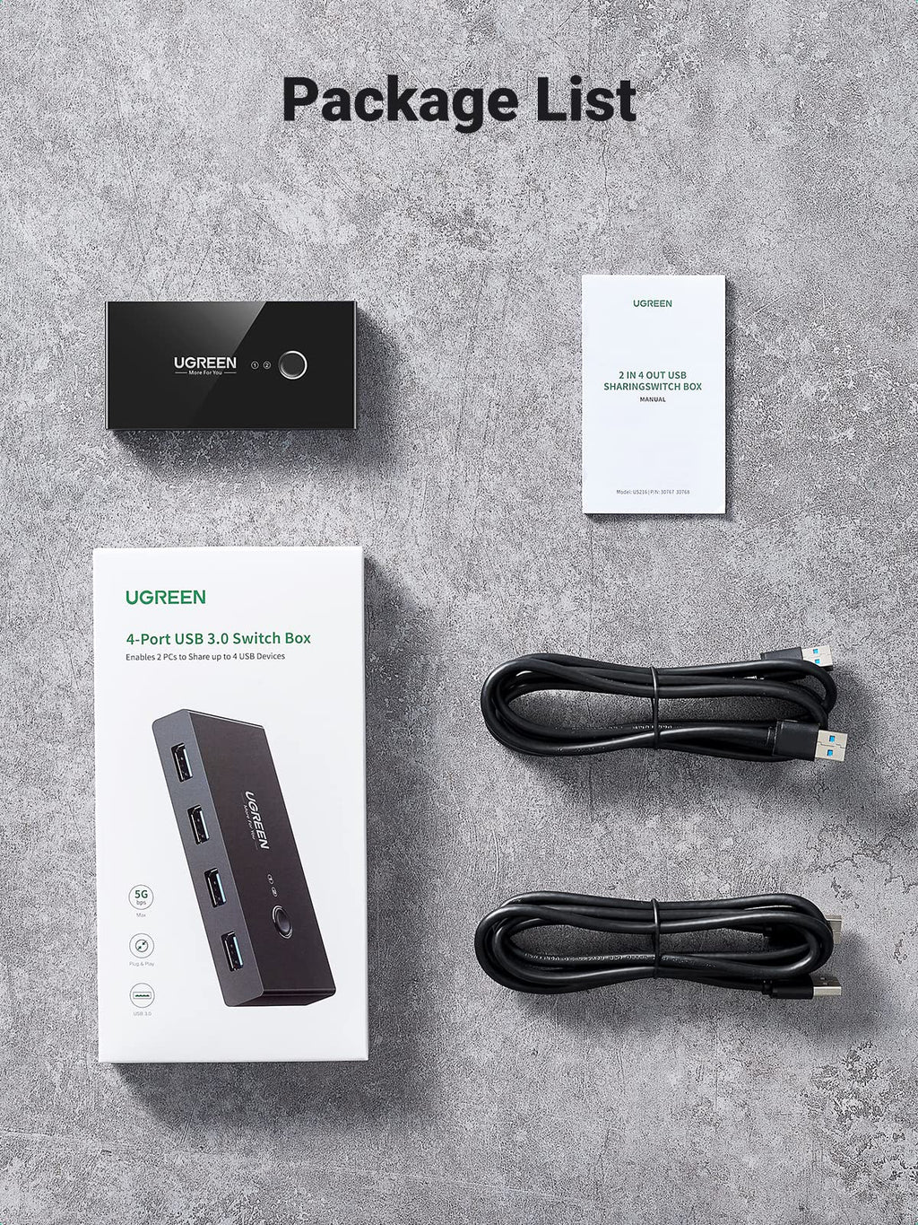 UGREEN USB 3.0 4-Port Switch With 2 Pack USB Male Cable
