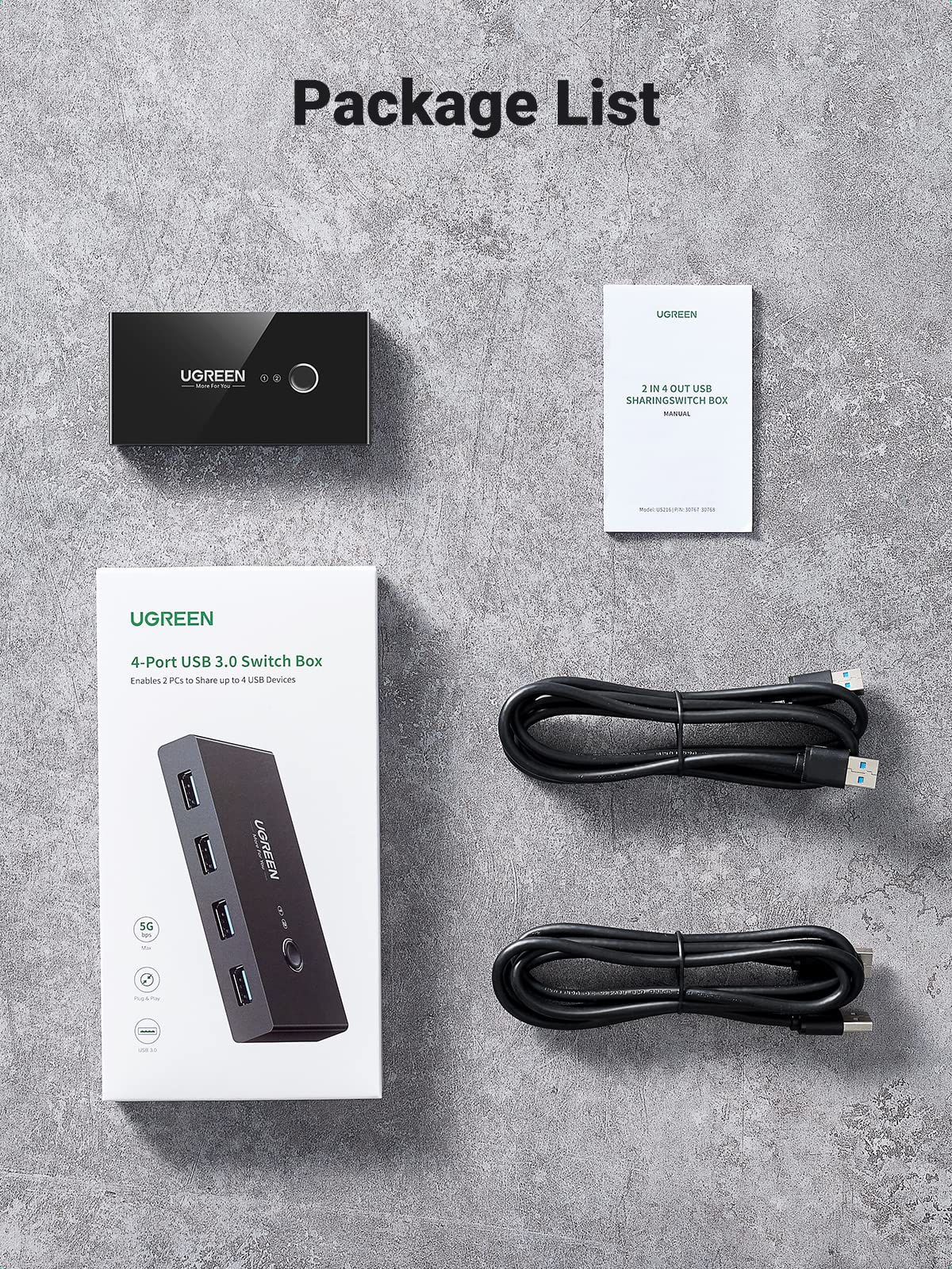 UGREEN USB 3.0 4-Port Switch With 2 Pack USB Male Cable