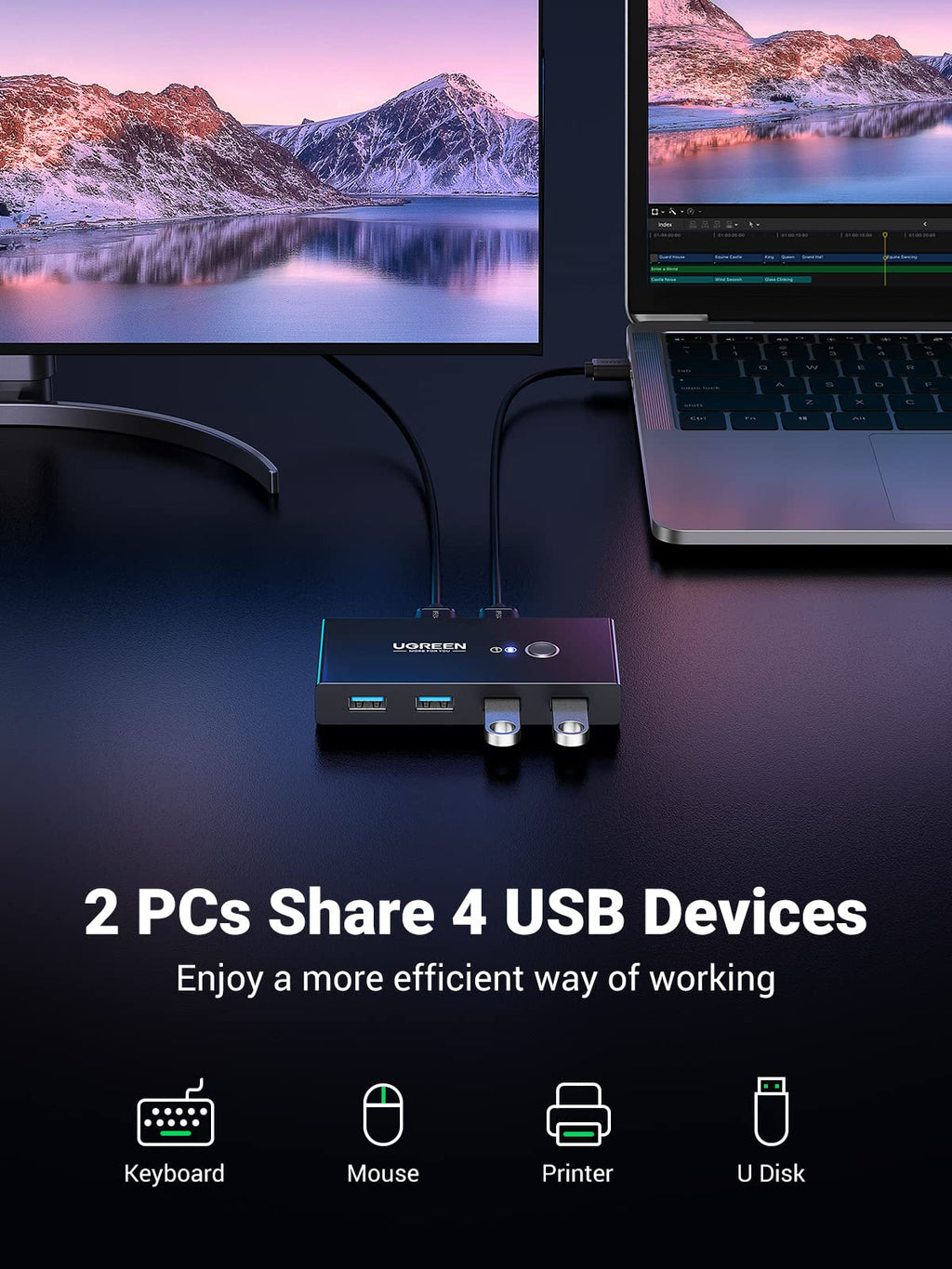 UGREEN USB 3.0 4-Port Switch With 2 Pack USB Male Cable
