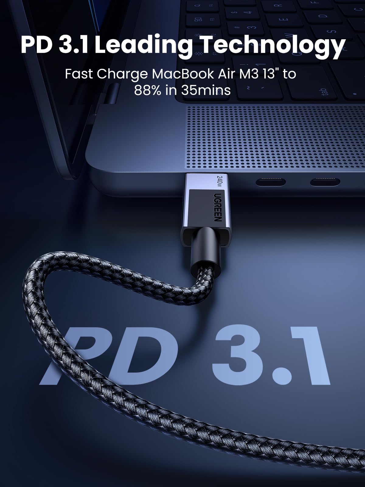 UGREEN USB C to USB C Cable, 240W USB C Cable Fast Charging, USB C Charger Cable Type C Cord Compatible with MacBook Pro/Air, iPhone 16/16 Pro/16 Pro Max/15, Galaxy S24/S23, iPad Pro/Air/Mini 6, 6.6FT